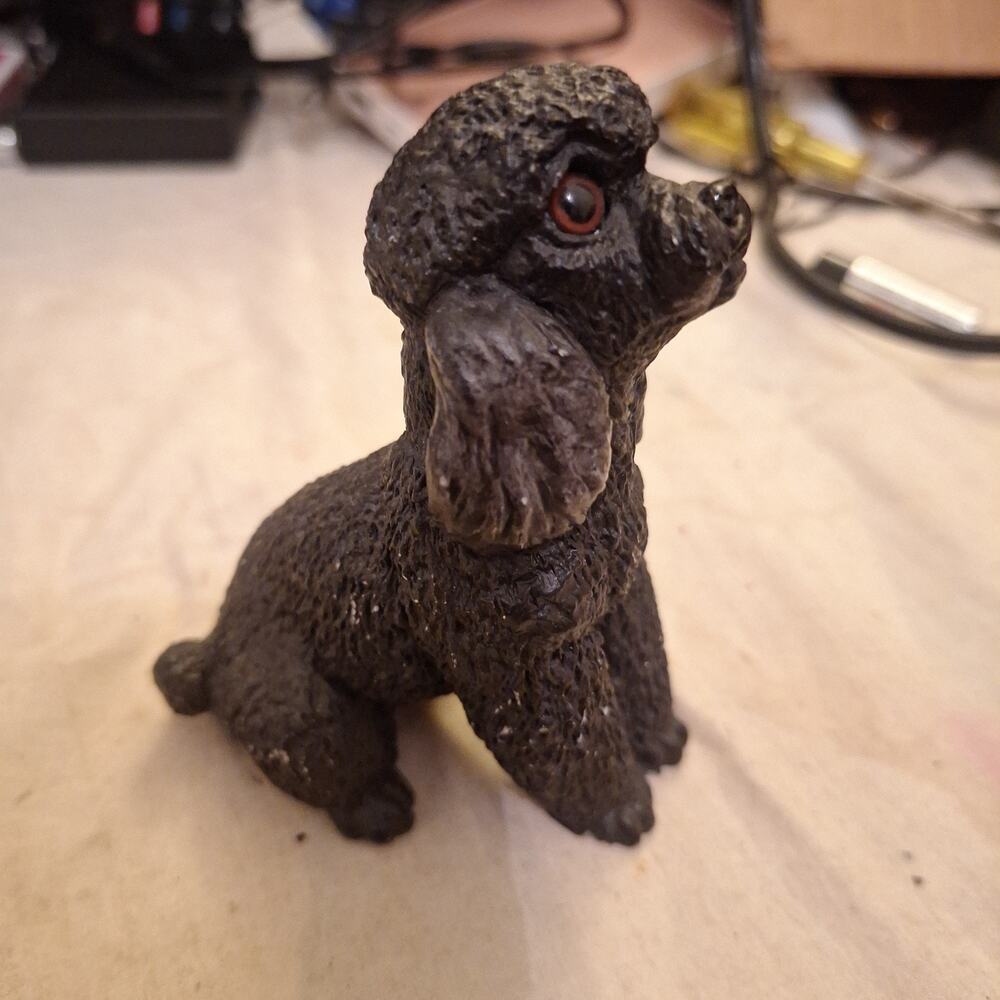 Vintage BLACK POODLE 4" Carved Resin Sitting Looking Up Dog RARE